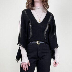 Vintage 90s Y2K French Open Knit Poncho Cape Sweater Boho Blouse Fringe Bohemian